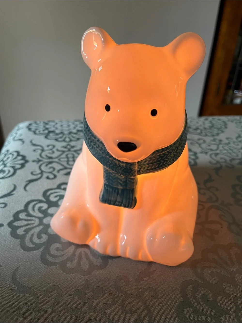 Off White Ceramic polar bear Table Lamp nightlight with blue scarf - like new